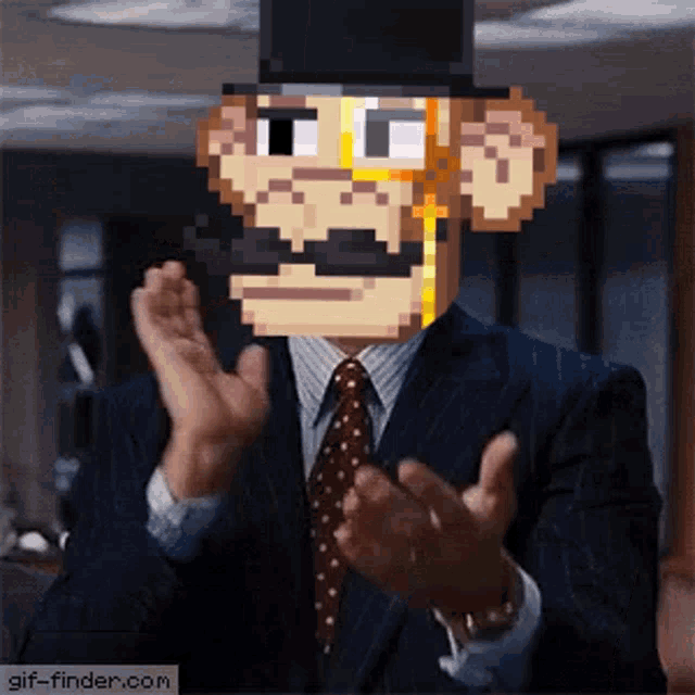 a pixel art of a man in a suit and tie clapping his hands
