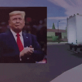 a man in a suit and tie is standing next to a camera with a speech bubble that says " donny here "