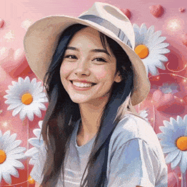 a woman wearing a hat is smiling in front of a pink background with daisies