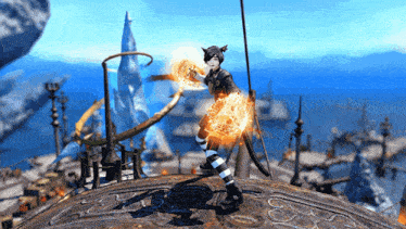 a video game character is holding a sword and a flame