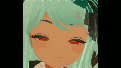 a close up of a video game character with green hair and red eyes .