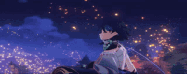 a cartoon character is looking up at the sky with lanterns in the background