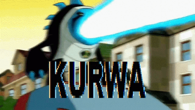 a cartoon character named kurwa is standing in front of a city