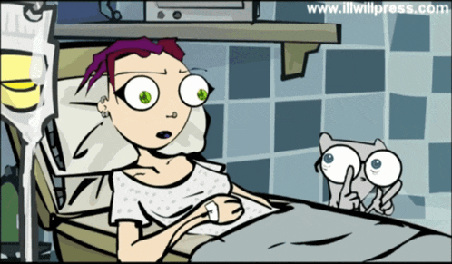 a cartoon of a woman in a hospital bed with the website www.illwillpress.com at the top