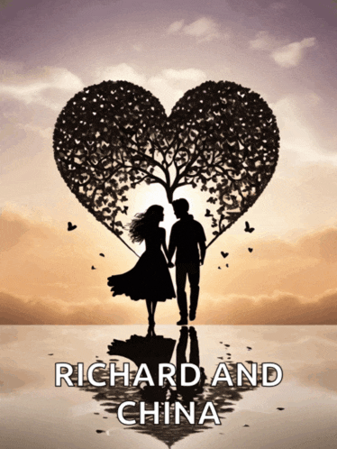 a poster for richard and china shows a couple holding hands under a heart shaped tree