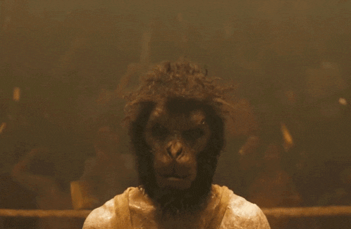 a close up of a monkey 's face with a crowd in the background