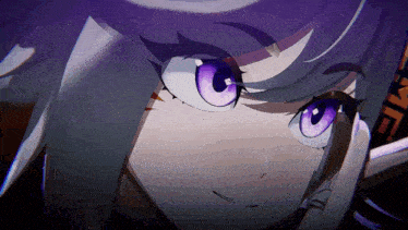 a close up of a girl 's face with purple eyes and the word king in the background