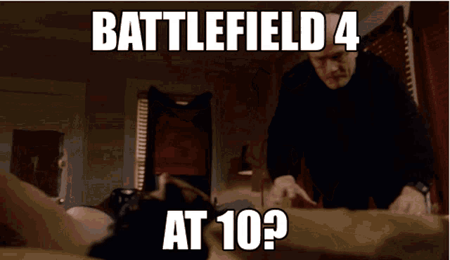 a man with glasses is looking at the camera with the words battlefield 4 at 10 written on his face .