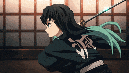 a girl with long black hair is holding a sword and has chinese writing on her back