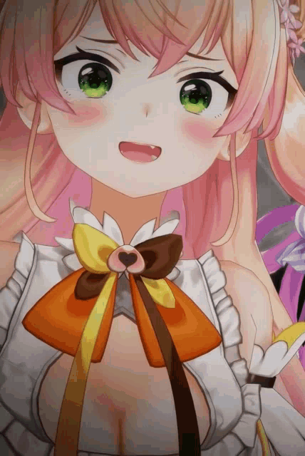 a girl with pink hair and green eyes is wearing a white dress