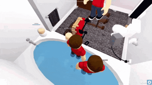 a person in a red shirt is standing in a bathtub in a video game called roblox
