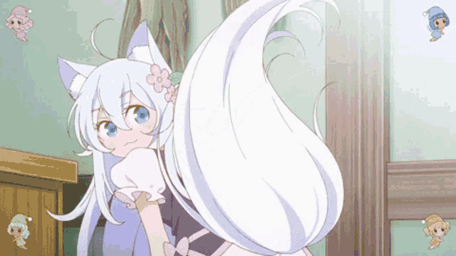 a girl with white hair and a cat ear is standing in a room