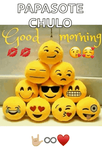 a bunch of stuffed smiley faces are stacked on top of each other with the words papasote chulo morning