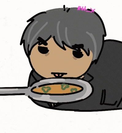a cartoon drawing of a person holding a pan of soup