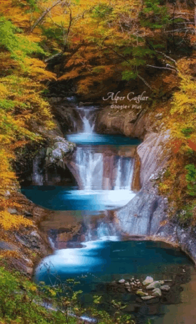 a painting of a waterfall with the words alper caglar google plus