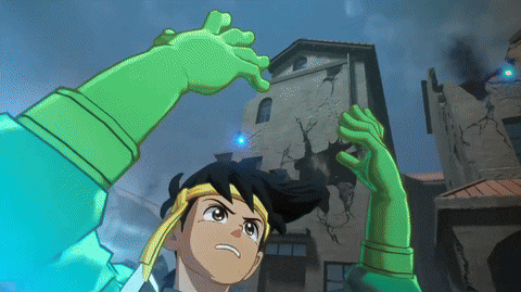 a cartoon character with green gloves and a yellow headband