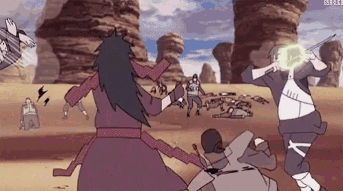 a cartoon of a group of people fighting in a desert .