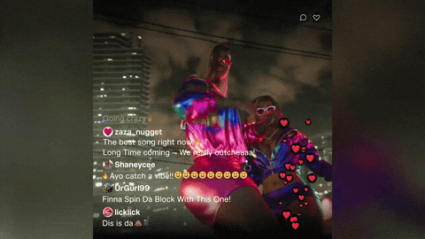 a man and a woman are dancing in front of a city skyline and hearts are flying around them