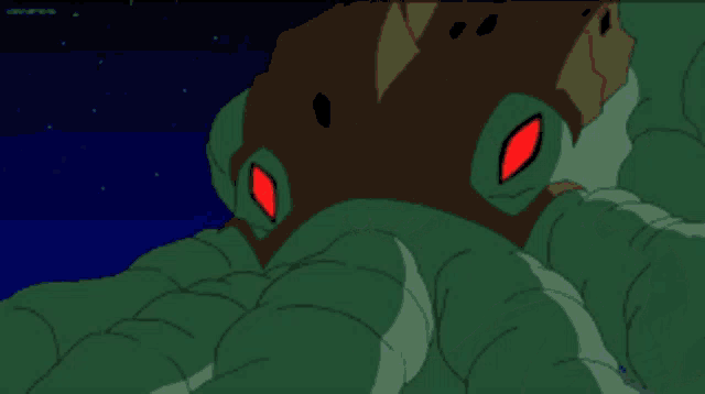 a cartoon drawing of a monster with red lasers coming out of its eyes