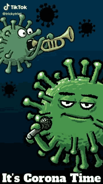 a cartoon of a virus playing a trumpet and singing into a microphone that says it 's corona time