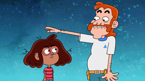 a cartoon of a man pointing at a little girl