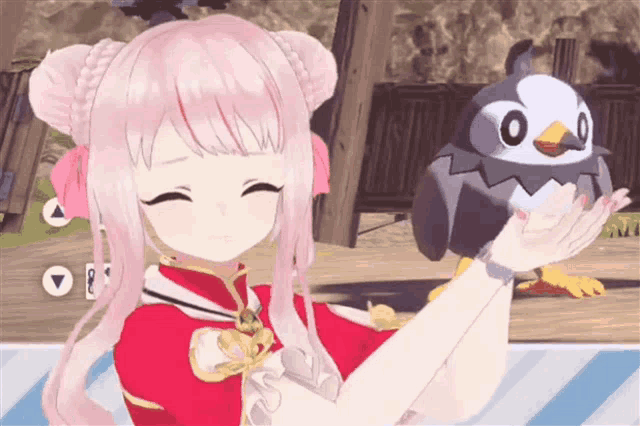 a girl with pink hair is holding a bird in her hand
