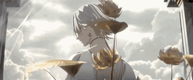 a man with white hair is surrounded by gold flowers and clouds