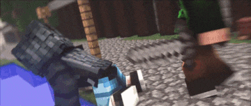 two minecraft characters are fighting each other with a sword