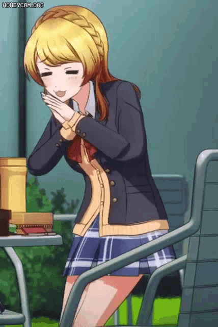 a girl in a school uniform is sitting in a chair with her hands on her face and the words honeycam.org below her