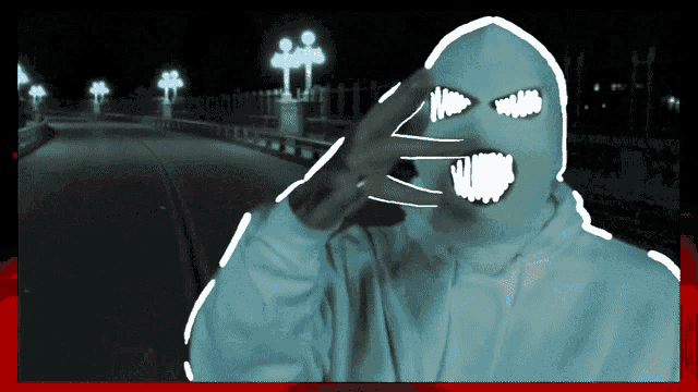 a drawing of a person wearing a white hoodie with a mask on their face