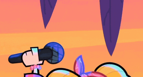 a cartoon girl singing into a microphone with a flamingo in the background .