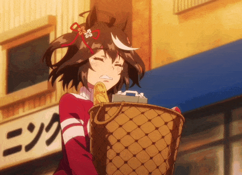 a girl is holding a basket in front of a building with chinese characters on it