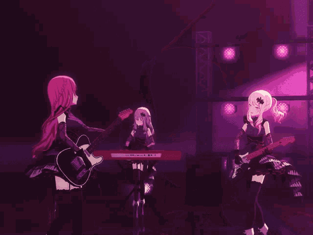a girl with pink hair and a bow in her hair stands next to another girl