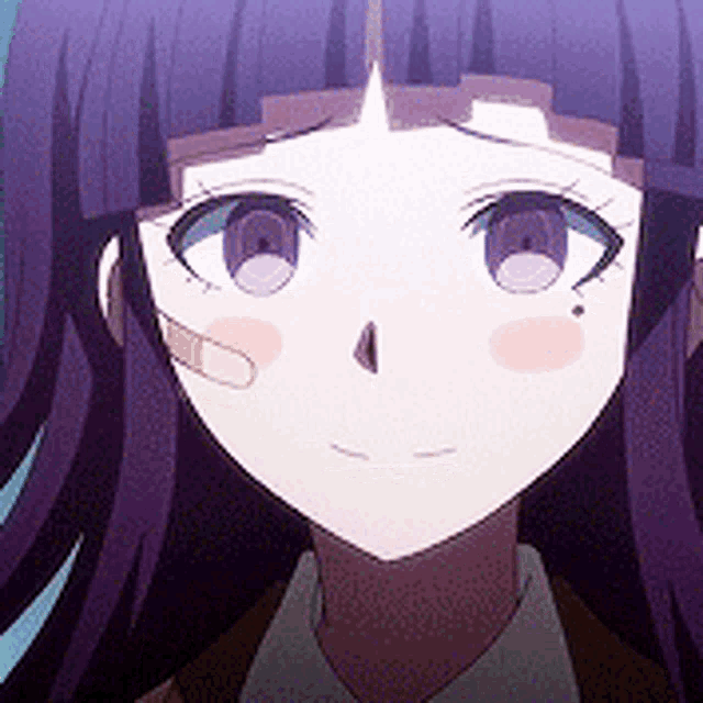 a close up of a girl with purple hair and a bandage on her cheek .