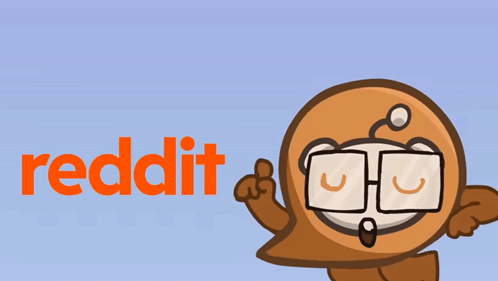 a cartoon character with glasses and the word reddit in orange