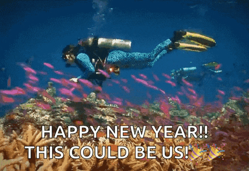 a picture of a scuba diver in the ocean with the words happy new year