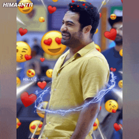 a man in a yellow shirt is surrounded by hearts and smiley faces with hima4ntr written on the bottom