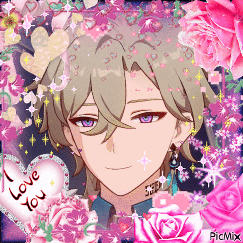 a picture of a boy with purple eyes is surrounded by pink flowers and a heart that says i love you