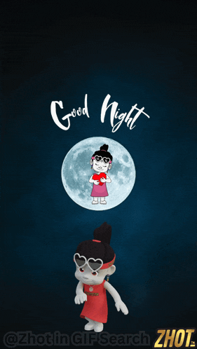 a cartoon girl is holding a heart in front of a full moon with the words good night written above her