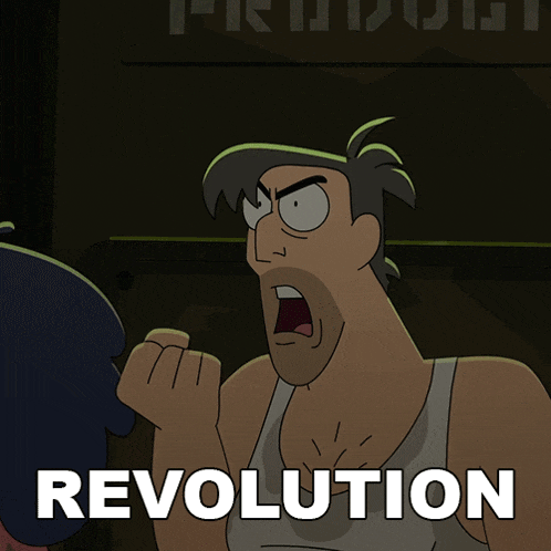 a cartoon of a man with a fist in the air and the word revolution below him