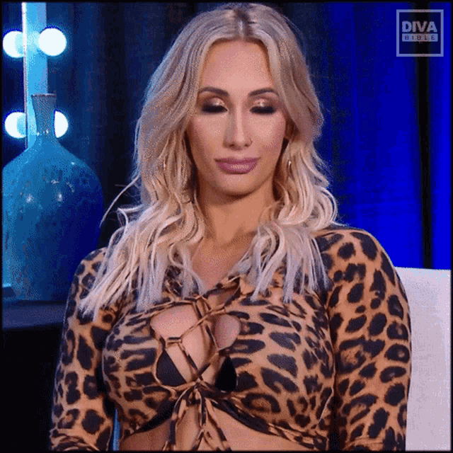 a woman is wearing a leopard print top with a plunging neckline and the word diva on the bottom