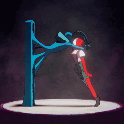 a cartoon drawing of a person leaning on a blue object