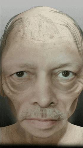 a close up of a man 's face with a bald head and a white mustache