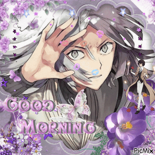 a picture of a man surrounded by purple flowers with the words good morning