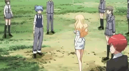 a group of anime characters are standing in a field and one of them has a red head .