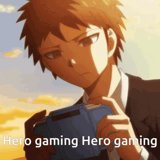a man in a suit is holding a video game controller with the caption " hero gaming hero gaming " below him