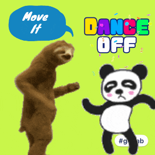 a panda bear is dancing next to a sloth and says move it dance off