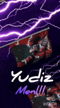 a purple lightning background with a picture of a man and the words yudiz men on the bottom