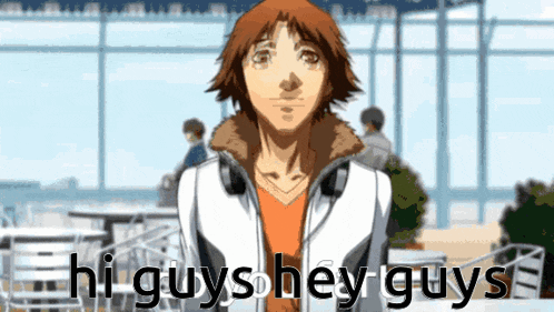 a cartoon of a man with the words hi guys hey guys above him
