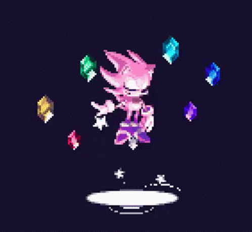 a pixel art of a sonic the hedgehog surrounded by emeralds